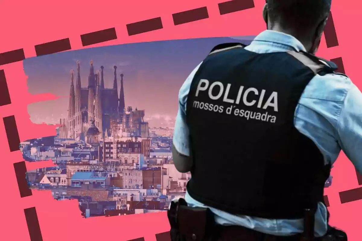 Un agente de los Mossos d'Esquadra de espaldas observa la ciudad de Barcelona con la Sagrada Familia al fondo sobre un fondo rosa estilizado.
