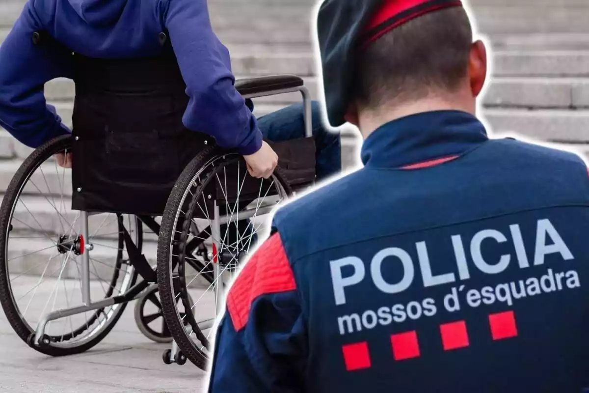 Montaje de fotos de un mosso d'esquadra de espaldas y, de fondo, una imagen de un chico con silla de ruedas