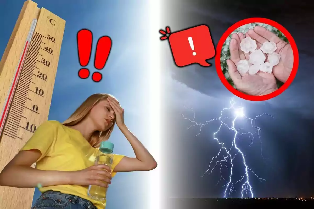 Imagen dividida en dos mitades, una muestra calor extremo con un termómetro alto y una mujer afectada por el sol, la otra muestra una tormenta eléctrica con granizo en unas manos y símbolos de advertencia. Imagen dividida en dos mitades, una muestra calor extremo con un termómetro alto y una mujer afectada por el sol, la otra muestra una tormenta eléctrica con granizo en unas manos y símbolos de advertencia.
