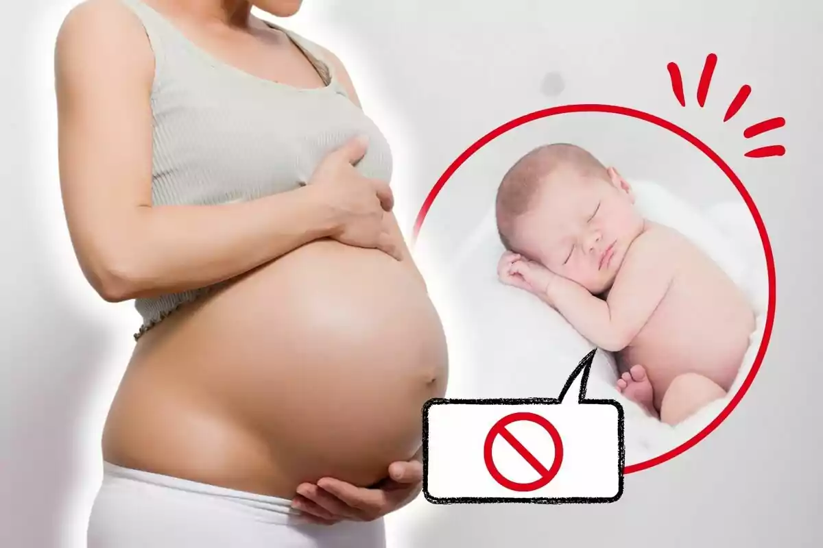 Mujer embarazada sosteniendo su vientre con una imagen de un bebé durmiendo en un círculo rojo y un símbolo de prohibición.
