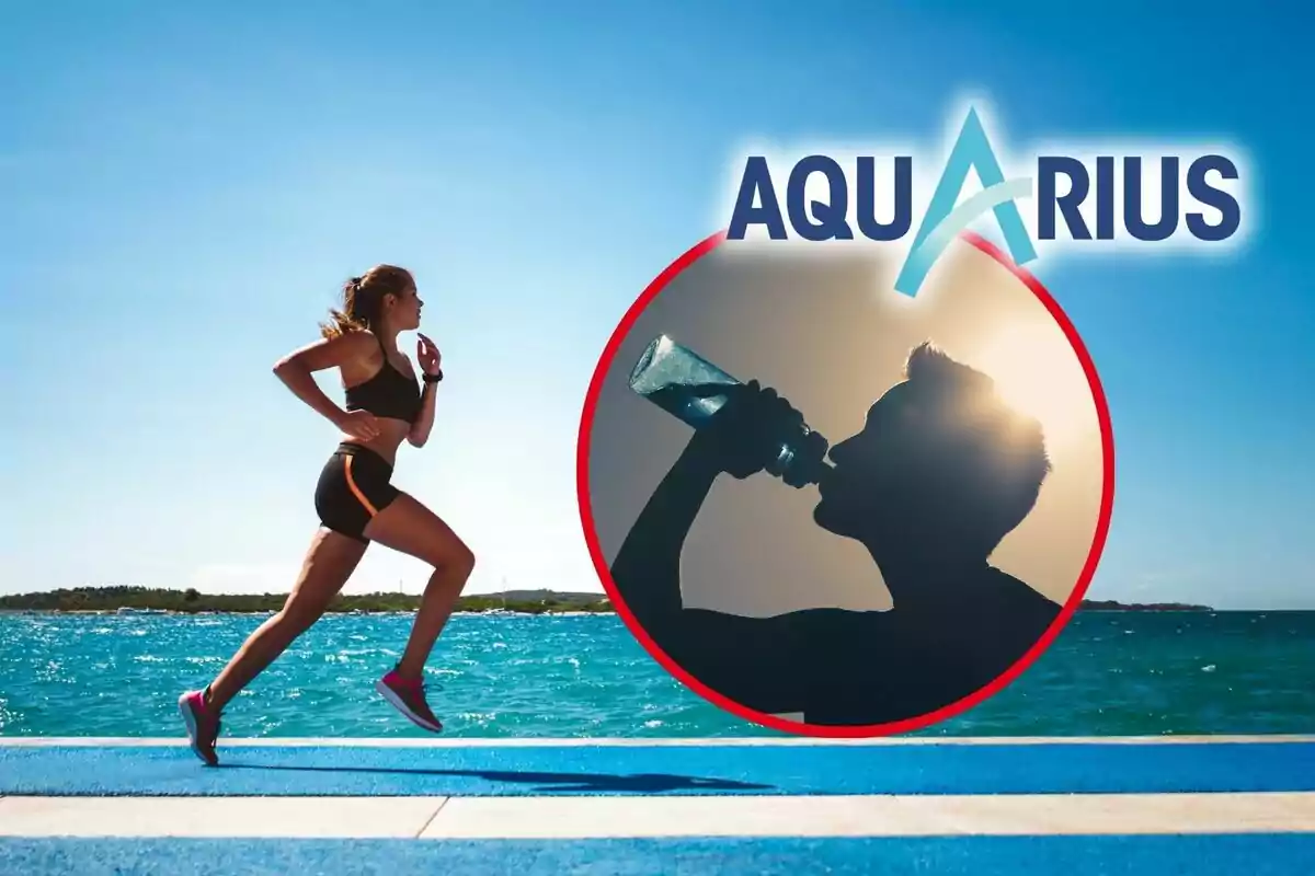 Mujer corriendo junto al mar con un círculo que muestra a una persona bebiendo agua y el logo de Aquarius.