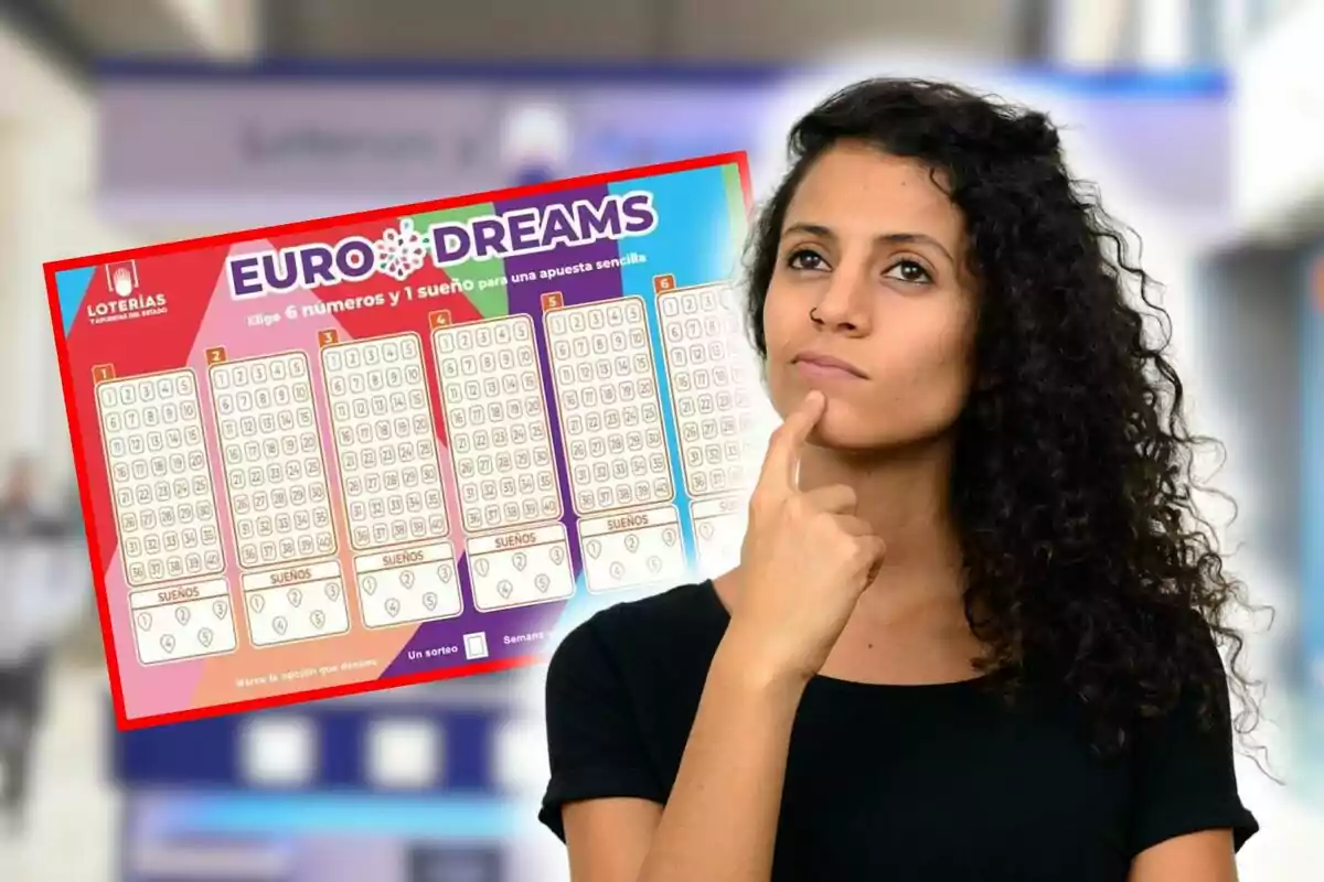 Mujer pensativa y, de fondo, un boleto de lotería Euro Dreams.