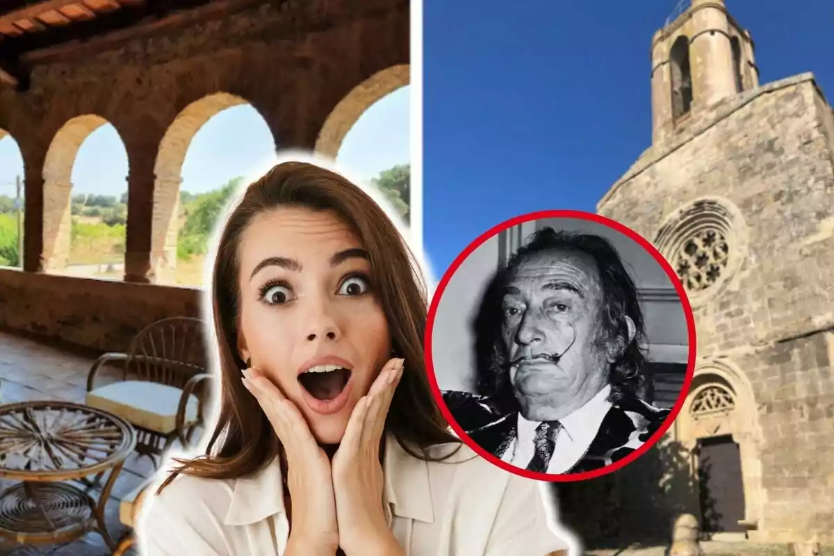 Una mujer con expresión de sorpresa, un edificio antiguo con arcos y una torre, y un retrato en blanco y negro de Salvador Dalí en un círculo rojo.