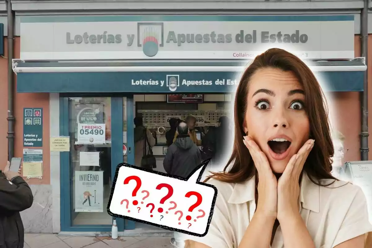 Una mujer sorprendida frente a una administración de Loterías y Apuestas del Estado en España.