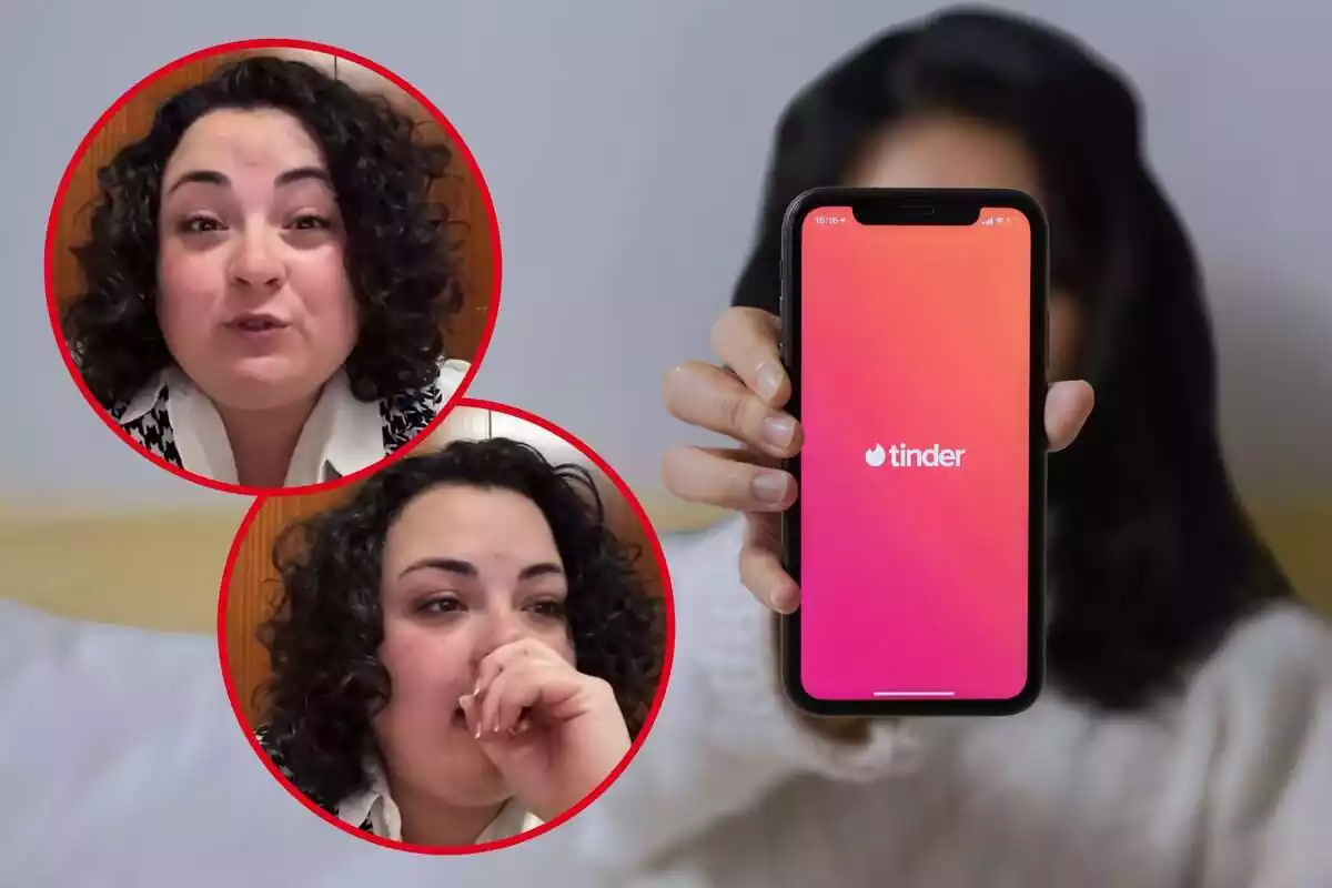 Montaje de fotos de Teresa López Cerdán, una tiktoker que ha explicado cómo le fue una cita de Tinder, y al lado una persona sujetando un móvil con Tinder en la pantalla