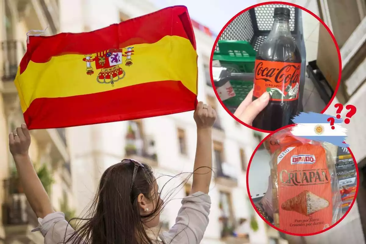 Montaje de fotos de una mujer sujetando la bandera de España al viento y, al lado, la imagen de dos productos del Mercadona