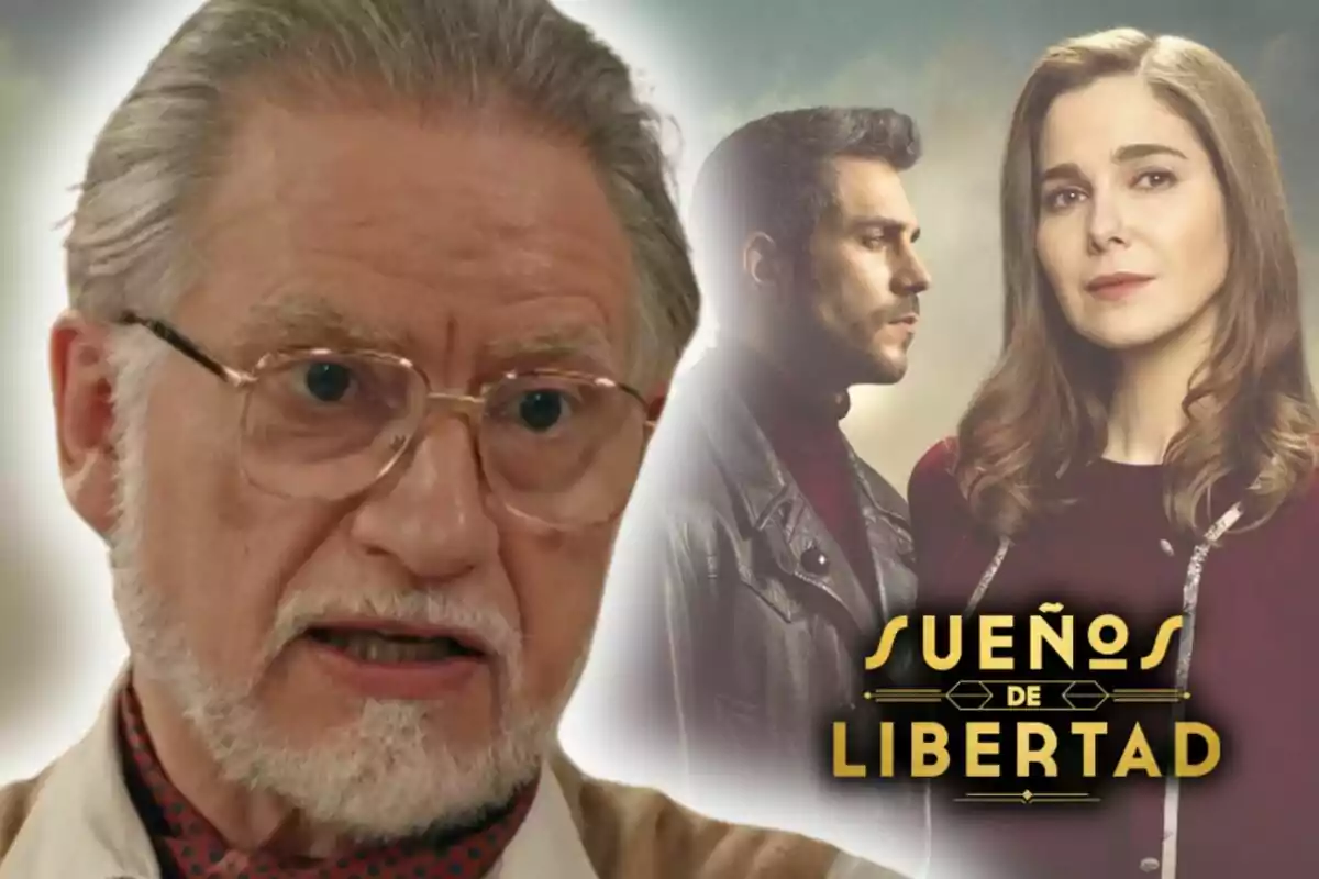El actor Nancho Novo con gafas aparece en primer plano mientras al fondo se ven dos personas y el título 'Sueños de Libertad'.