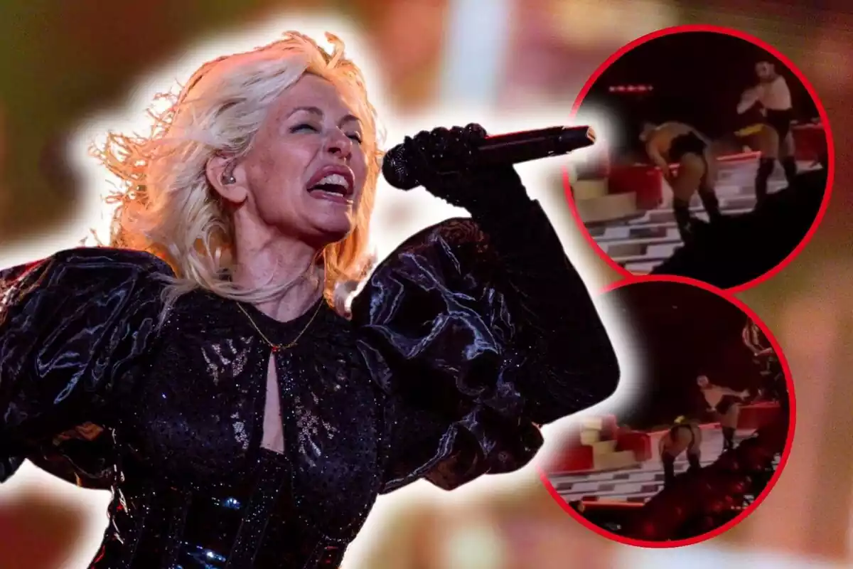Montaje de dos fotos de un bailarín de Nebulossa sobre el escenario teniendo un percance en un ensayo para Eurovisión 2024 y, en primer plano, ella cantando agarrando un micrófono