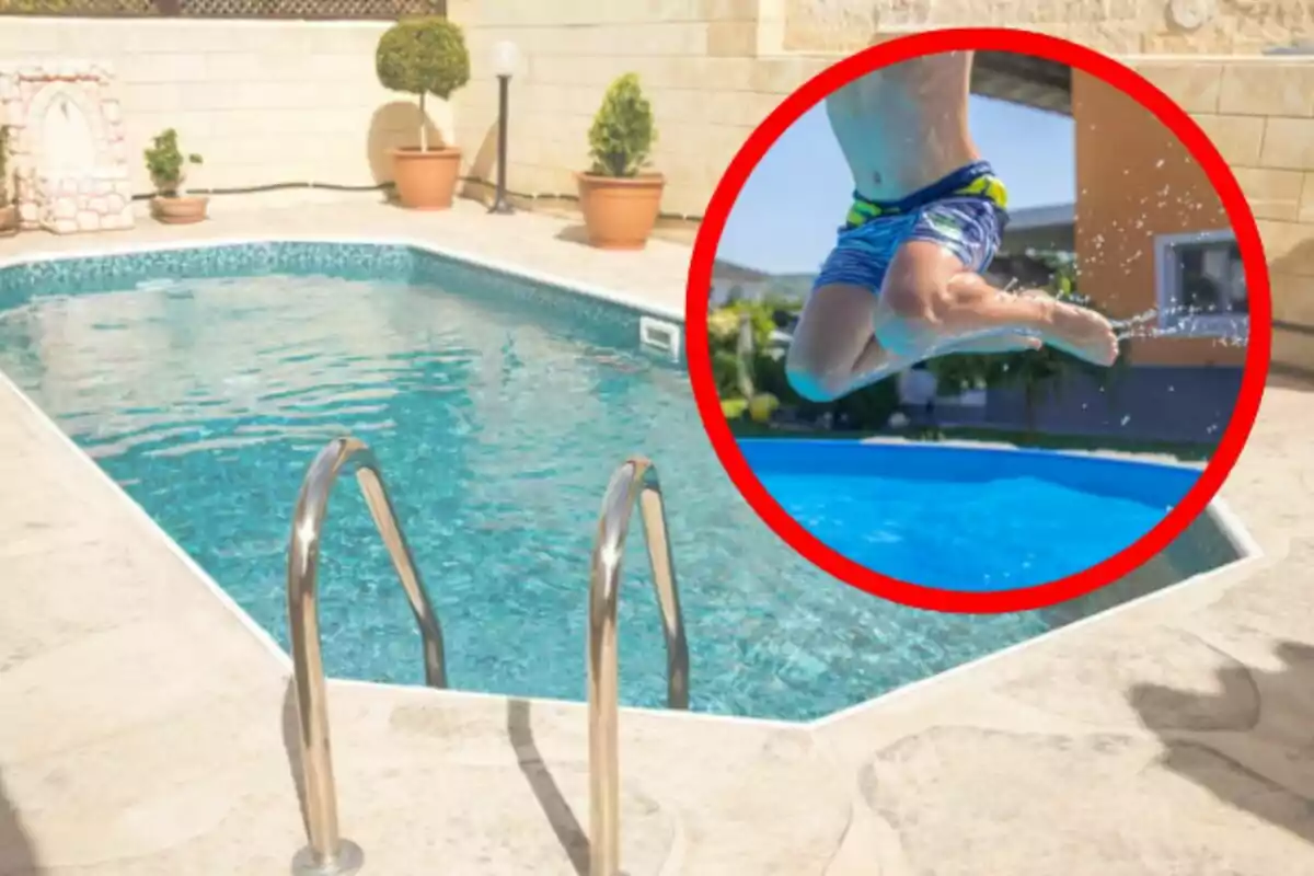 Piscina en un patio con plantas en macetas y una imagen resaltada de un niño saltando al agua. Piscina en un patio con plantas en macetas y una imagen resaltada de un niño saltando al agua.