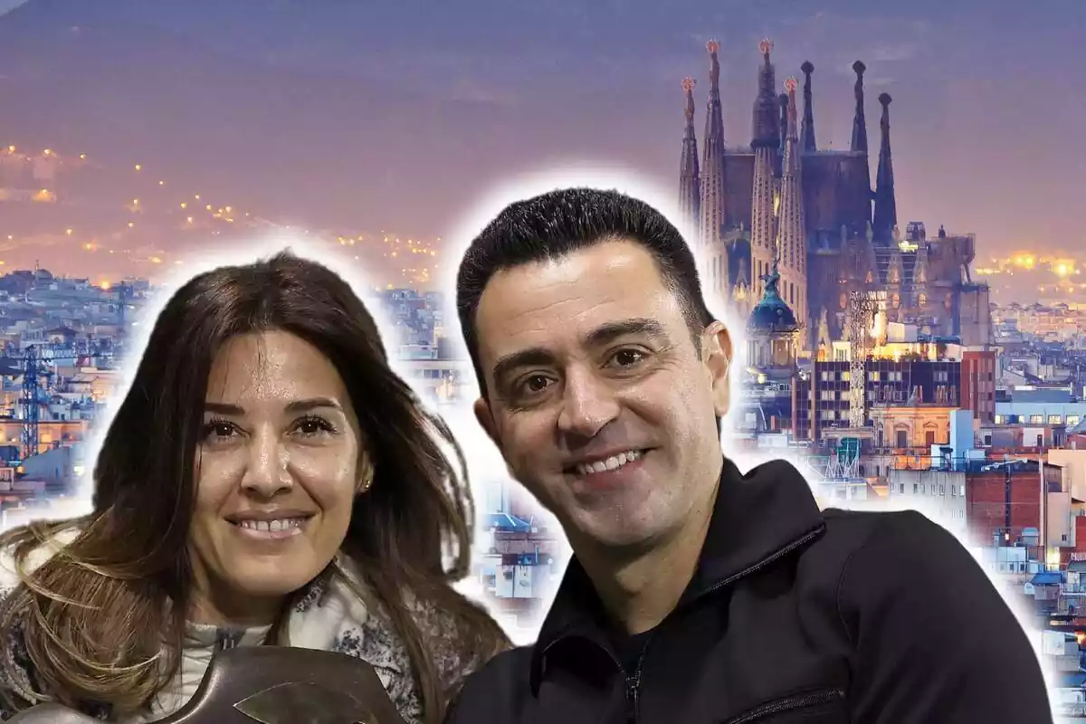 Montaje de fotos de Núria Cunillera y Xavi Hernández, muy sonrientes, y de fondo un plano general de Barcelona
