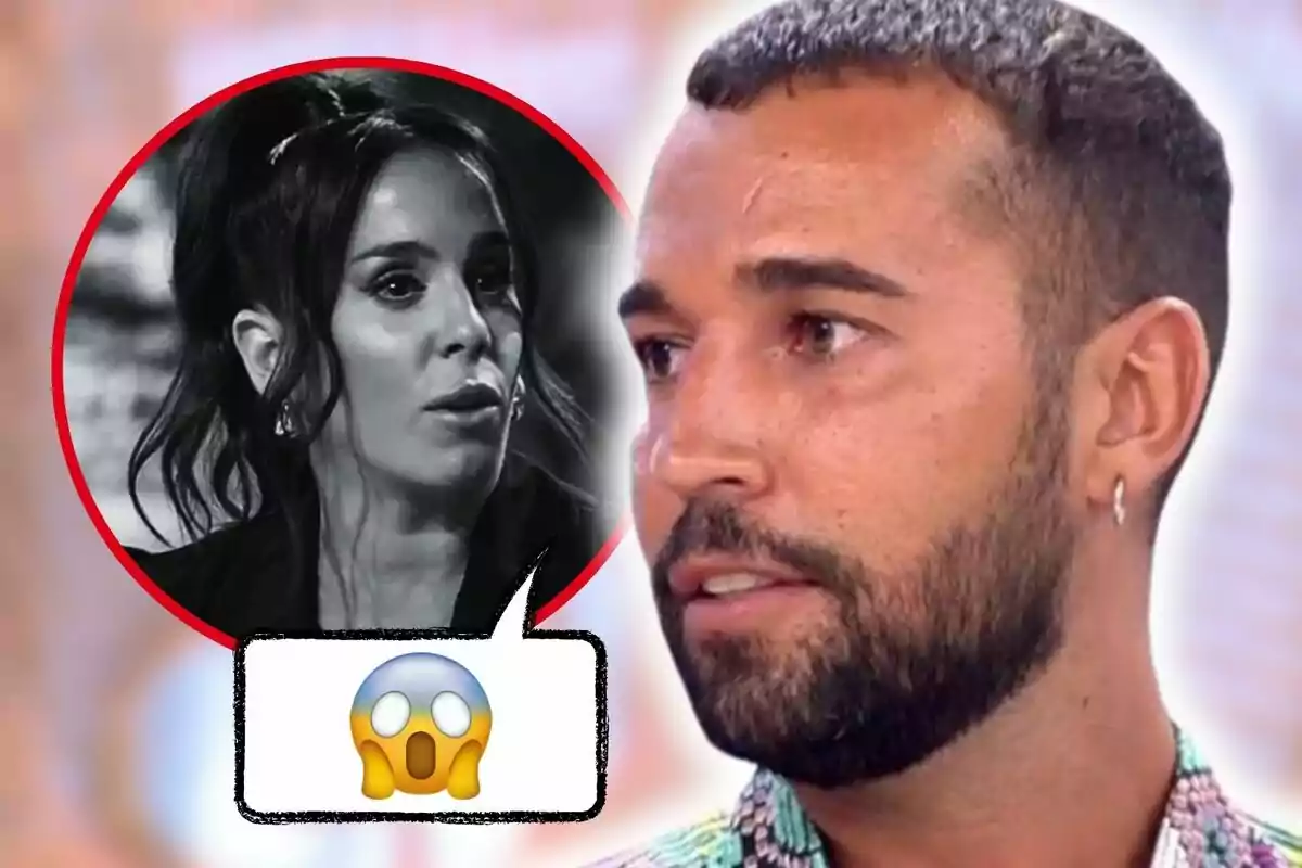 Montaje de fotos de primer plano de Anabel Pantoja y Omar Sánchez ambos con rostro serio y un emoji de sorpresa al lado