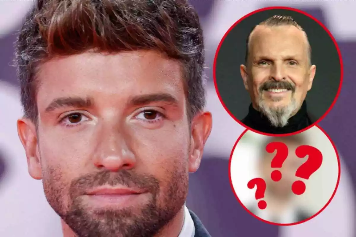 Montaje de fotos de primer plano de Pablo Alborán y, al lado, una imagen de Miguel Bosé sonriente y otra imagen borrosa con interrogantes encima