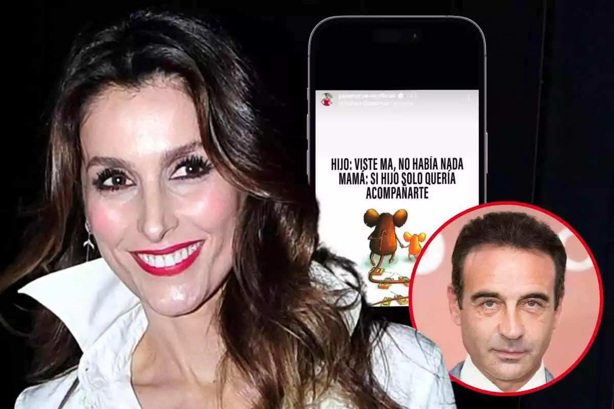 Montaje de fotos de Paloma Cuevas sonriente y Enrique Ponce, con rostro serio, al lado de ella; detrás ambos tienen un teléfono móvil mostrando una historia de Instagram que ha subido ella