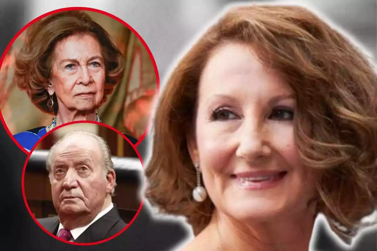 Montaje de fotos de primer plano de Paloma Rocasolano sonriente y, al lado, imágenes de Juan Carlos I y la reina Sofía de Grecia; ambos con rostro serio