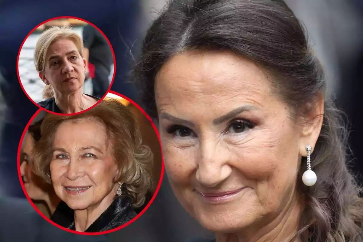 Montaje de fotos de primer plano de Paloma Rocasolano, la reina emérita Sofía de Grecia y la infanta Cristina; las tres con rostro medio sonriente