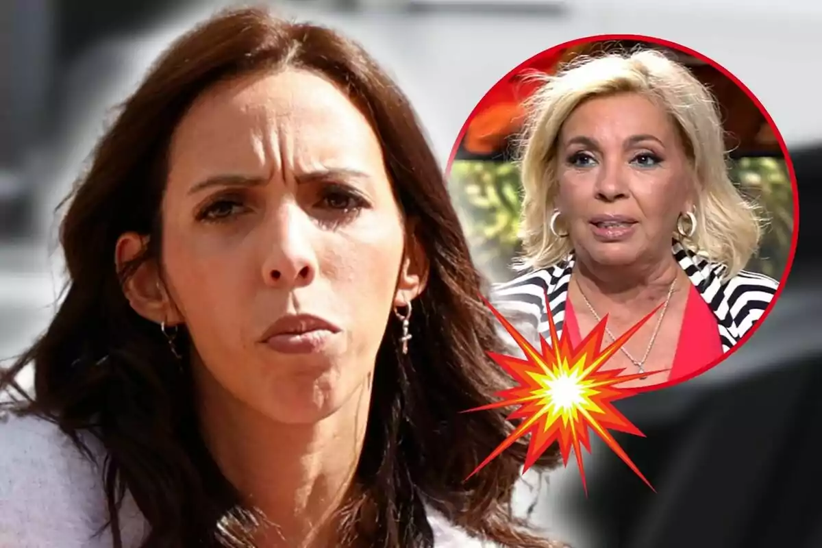 Montaje de fotos de primer plano de Paola Olmedo y Carmen Borrego, ambas con rostro serio y un emoji de explosión al lado.