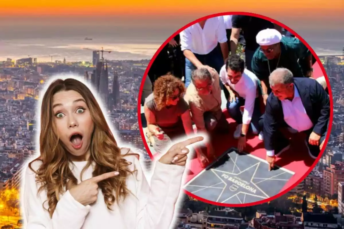 Mujer sorprendida señalando una imagen de personas alrededor de una estrella en el suelo con la ciudad de Barcelona al fondo.