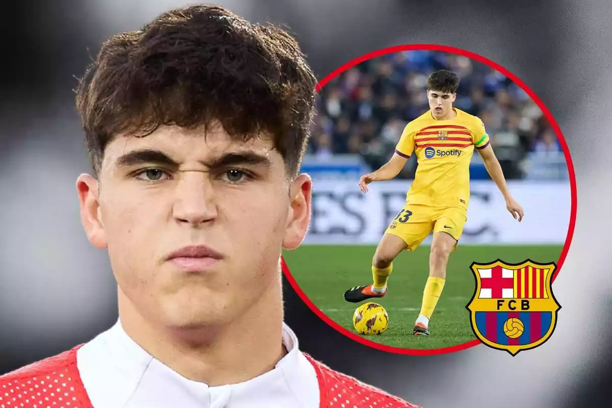 Montaje de fotos de primer plano de Pau Cubarsí, el jugador de 17 años que juega en el F.C. Barcelona, con rostro serio y jugando en el Camp Nou