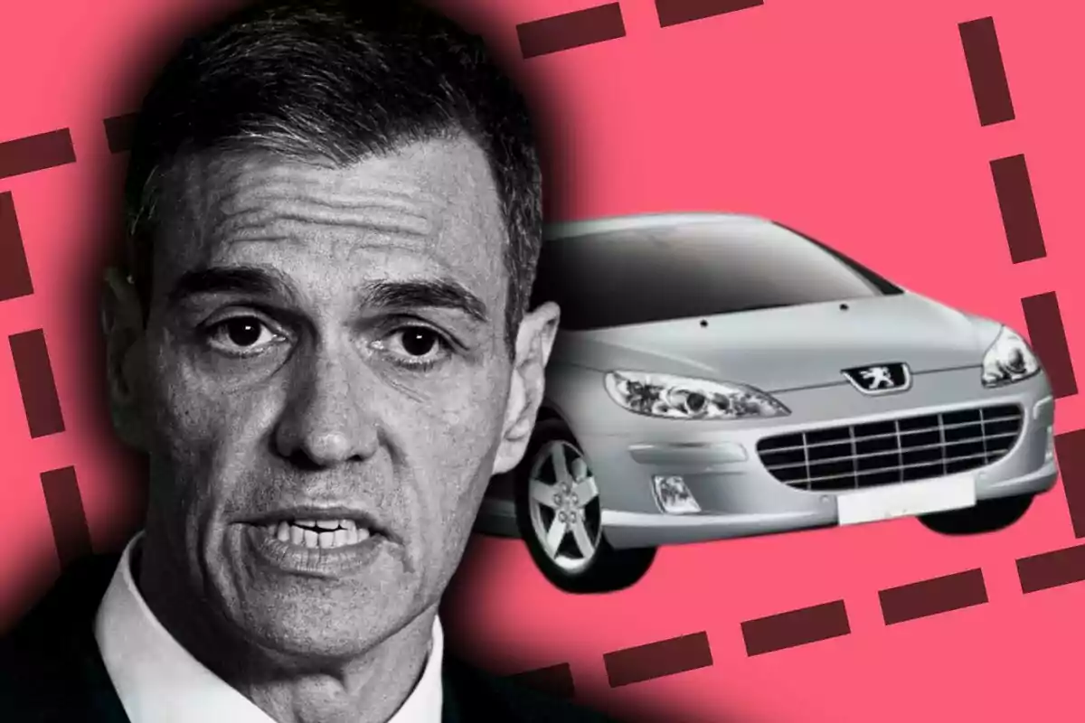 Montaje de fotos de primer plano de Pedro Sánchez con rostro neutro y, de fondo, una imagen de un Peugeot 407.
