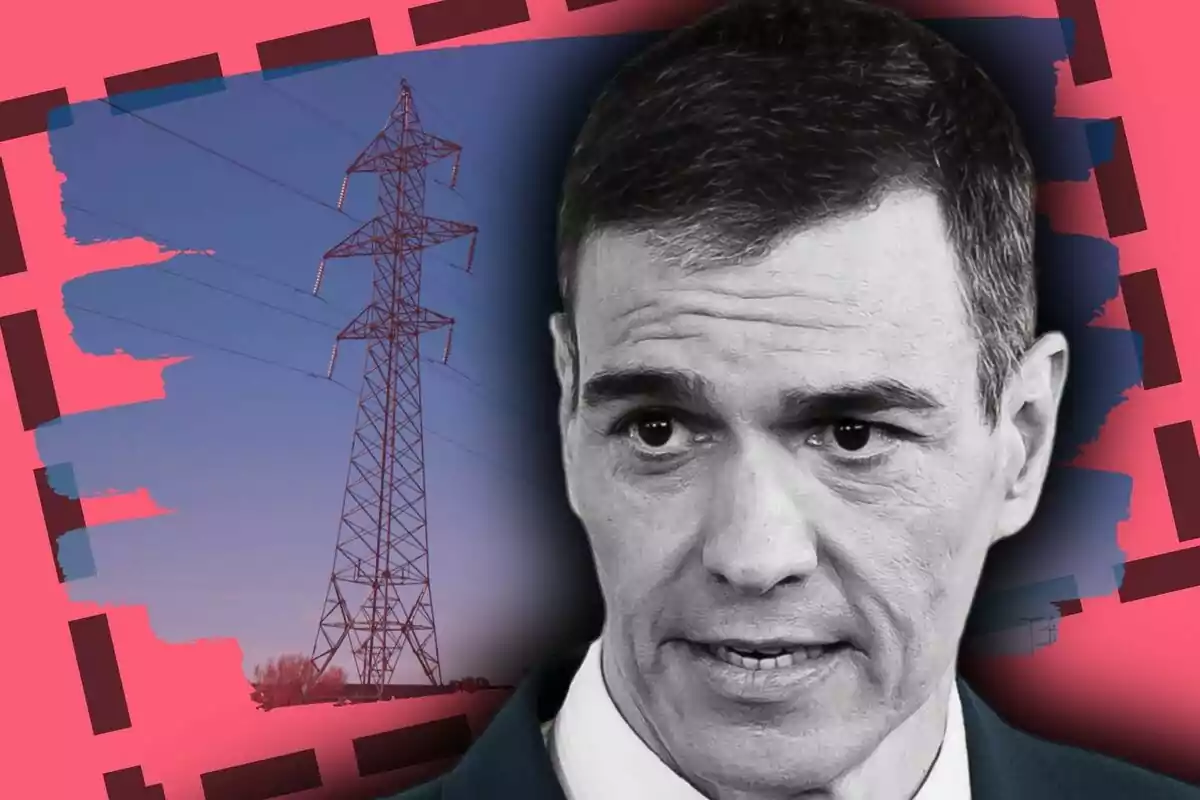 Montaje de fotos de Pedro Sánchez en blanco y negro con expresión seria sobre un fondo de torre eléctrica y cielo azul, con un diseño gráfico en tonos rosados y oscuros.