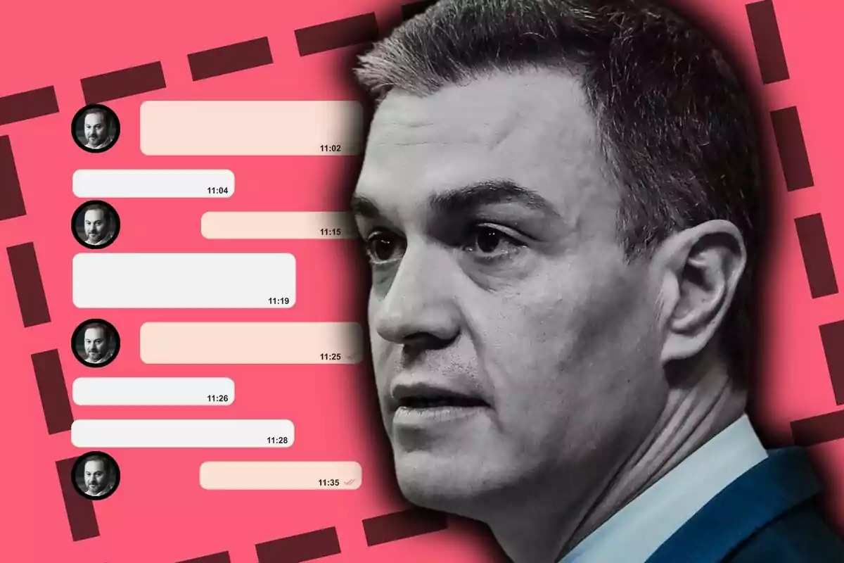 Pedro Sánchez en blanco y negro aparece en primer plano sobre un fondo rojo con un diseño de burbujas de chat y fotos de perfil de José Luis Ábalos.