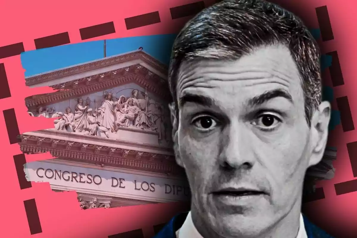 Primer plano de Pedro Sánchez en blanco y negro con expresión seria sobre un fondo color rosa y el edificio del Congreso de los Diputados de España.