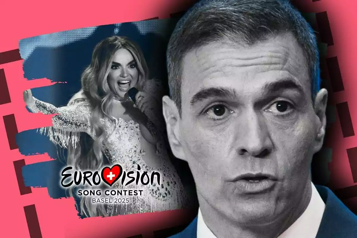 Una imagen compuesta muestra a Melody cantando con un micrófono y vestida con un traje brillante, junto al logotipo del Festival de la Canción de Eurovisión 2025 en Basilea, mientras que en primer plano aparece el rostro de Pedro Sánchez en blanco y negro sobre un fondo rosa.