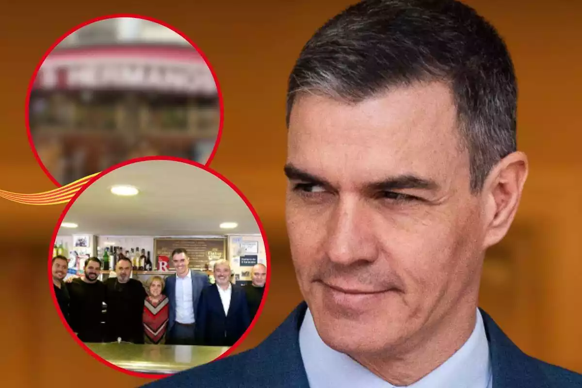 Montaje de fotos de primer plano de Pedro Sánchez con rostro medio sonriente y, al lado, una imagen de él en el restaurante 5hermanos de Barcelona