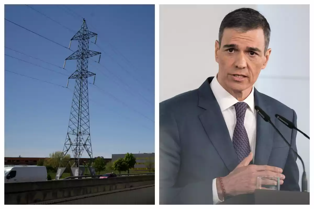 Una torre de electricidad a la izquierda y Pedro Sánchez con rostro serio y vestido con un traje hablando en un micrófono a la derecha. Una torre de electricidad a la izquierda y Pedro Sánchez con rostro serio y vestido con un traje hablando en un micrófono a la derecha.