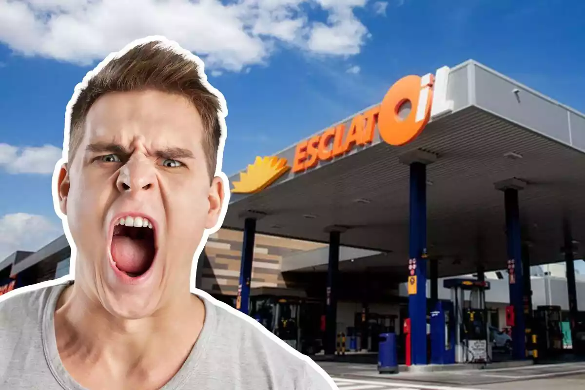 Montaje de fotos de un plano general de una gasolinera EsclatOil y, al lado, una persona con rostro de enfado