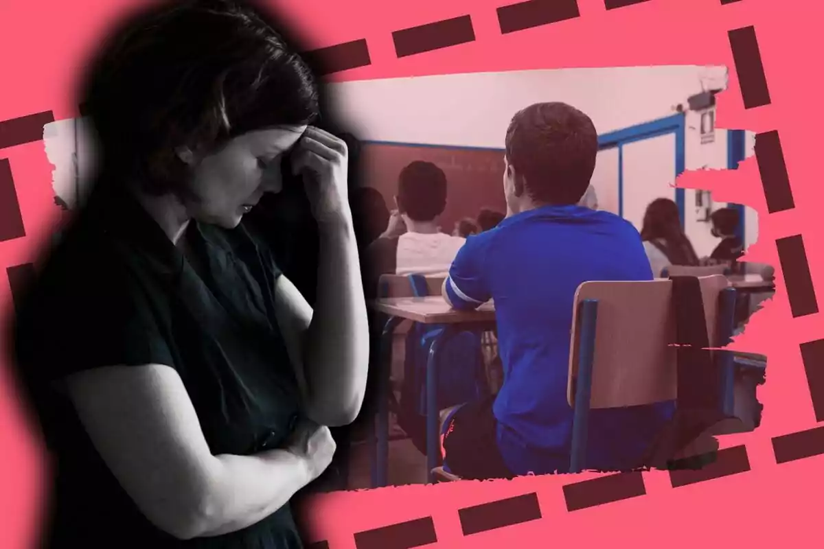Una profesora con expresión de preocupación y un grupo de estudiantes sentados en un aula, con un diseño gráfico en tonos rosados y negros.