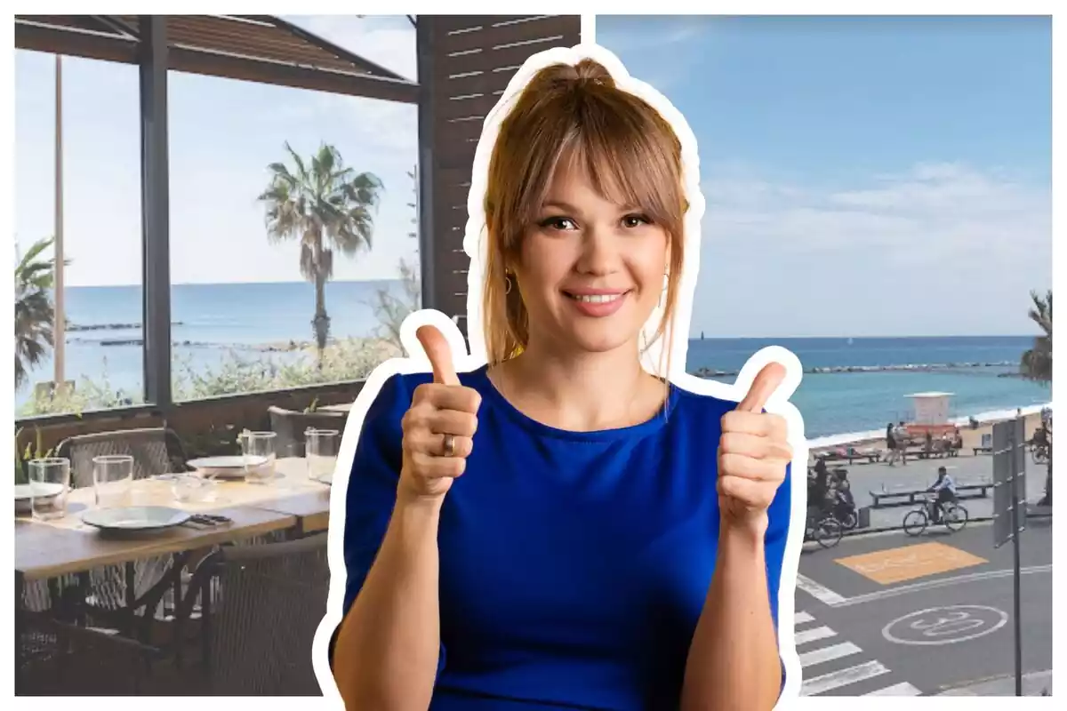 Montaje de dos fotos de las vistas del restaurante Barraca de Barcelona y, en primer plano, una mujer con los pulgares arriba