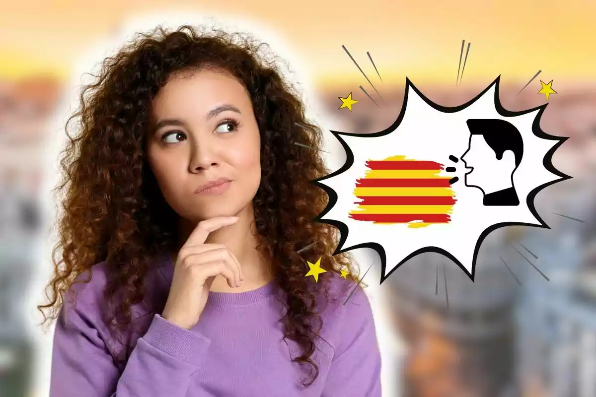 Una mujer con cabello rizado y suéter morado está pensativa mientras mira hacia un globo de diálogo que contiene una ilustración de una persona hablando y la bandera catalana.