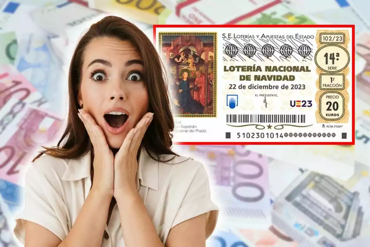 Una mujer con expresión de sorpresa sostiene su rostro con las manos, mientras en el fondo se ven billetes de euro y un billete de la Lotería Nacional de Navidad de España para el sorteo del 22 de diciembre de 2023.