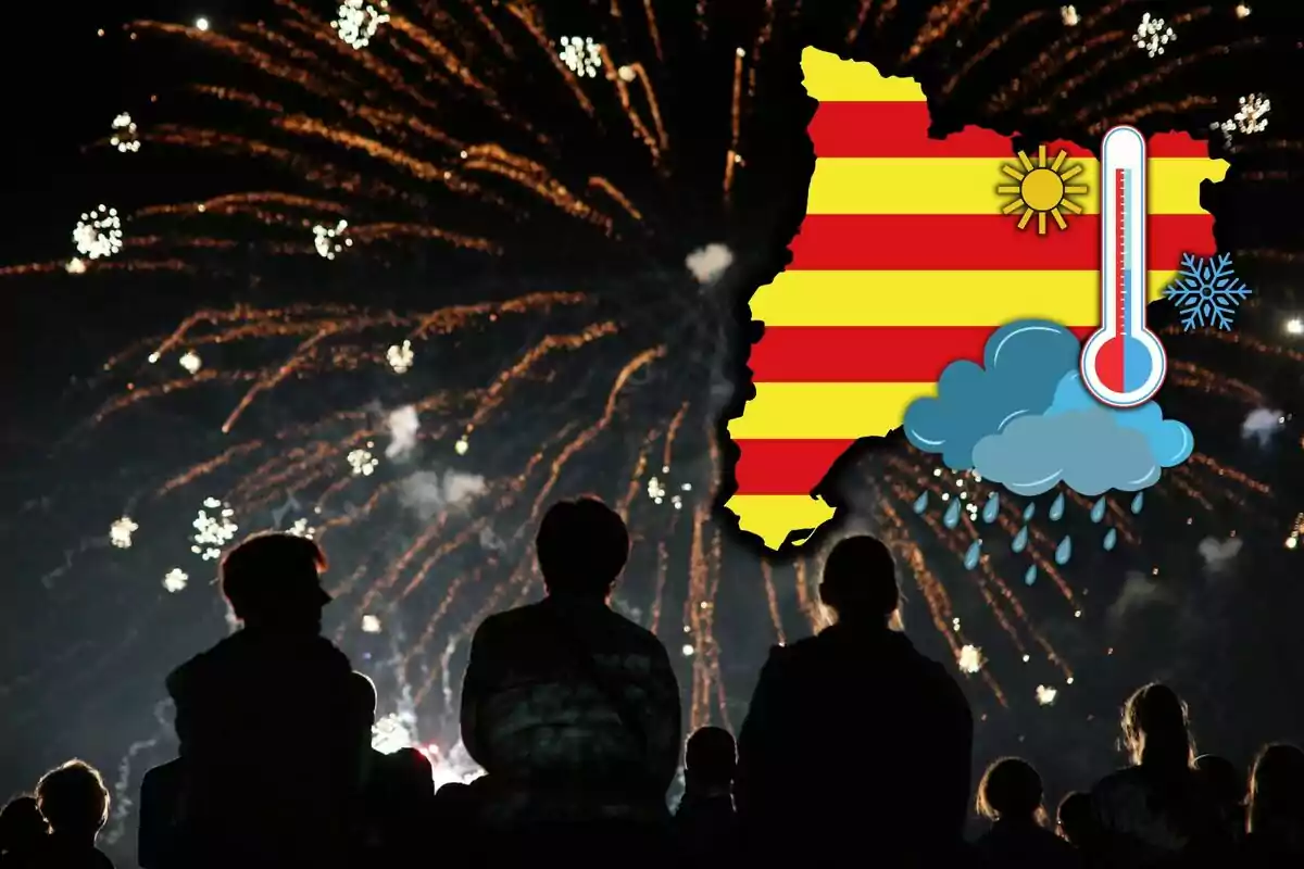 Personas observando fuegos artificiales con un mapa de Cataluña superpuesto, mostrando símbolos meteorológicos de sol, lluvia y un termómetro.