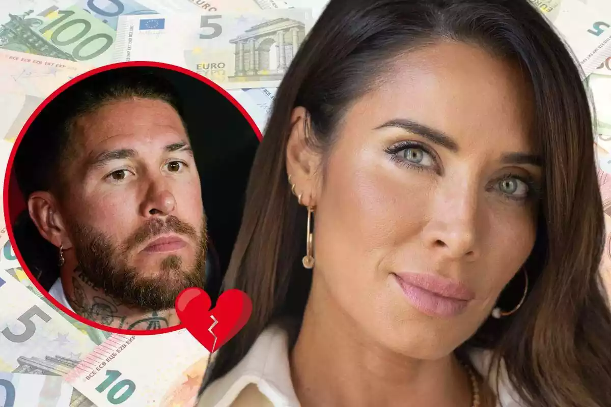 Montaje de fotos de primer plano de Pilar Rubio, con rostro serio, y al lado una imagen de Sergio Ramos también con el rostro serio y un emoji de un corazón roto al lado