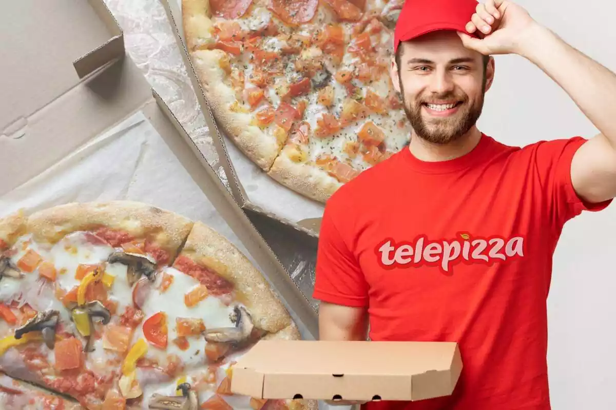 Montaje de fotos de unas pizzas cortadas y, al lado, un trabajador de Telepizza con rostro sonriente sujetando una caja