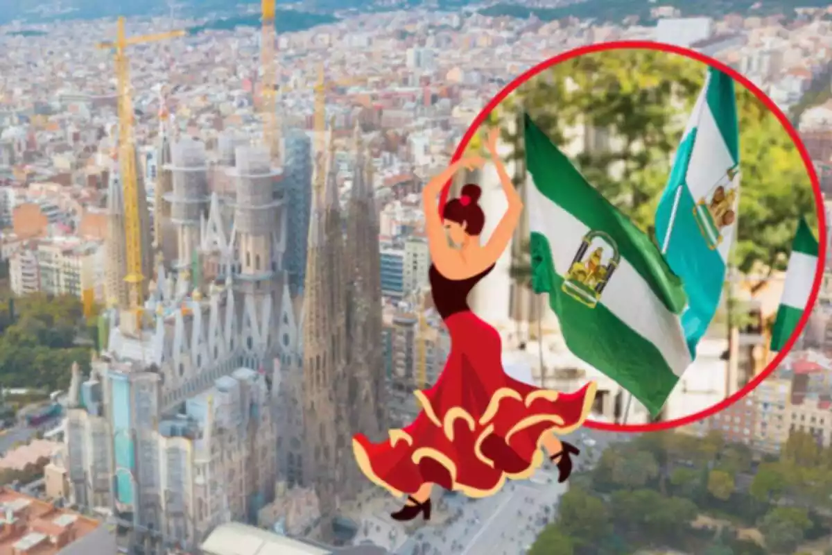 Montaje de fotos de un plano general de la ciudad de Barcelona y, al lado, en el interior de un círculo, la bandera de Andalucía con un emoji de flamenca