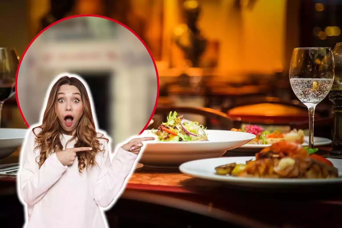 Montaje de fotos de primer plano de un plato de restaurante y, al lado, una imagen de una mujer con rostro de sorpresa