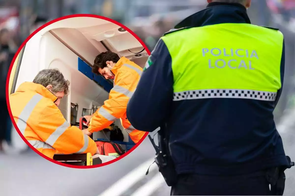 Montaje de fotos de un policía local de espaldas y, al lado, en el interior de un círculo, unos técnicos sanitarios trabajando en el interior de una ambulancia