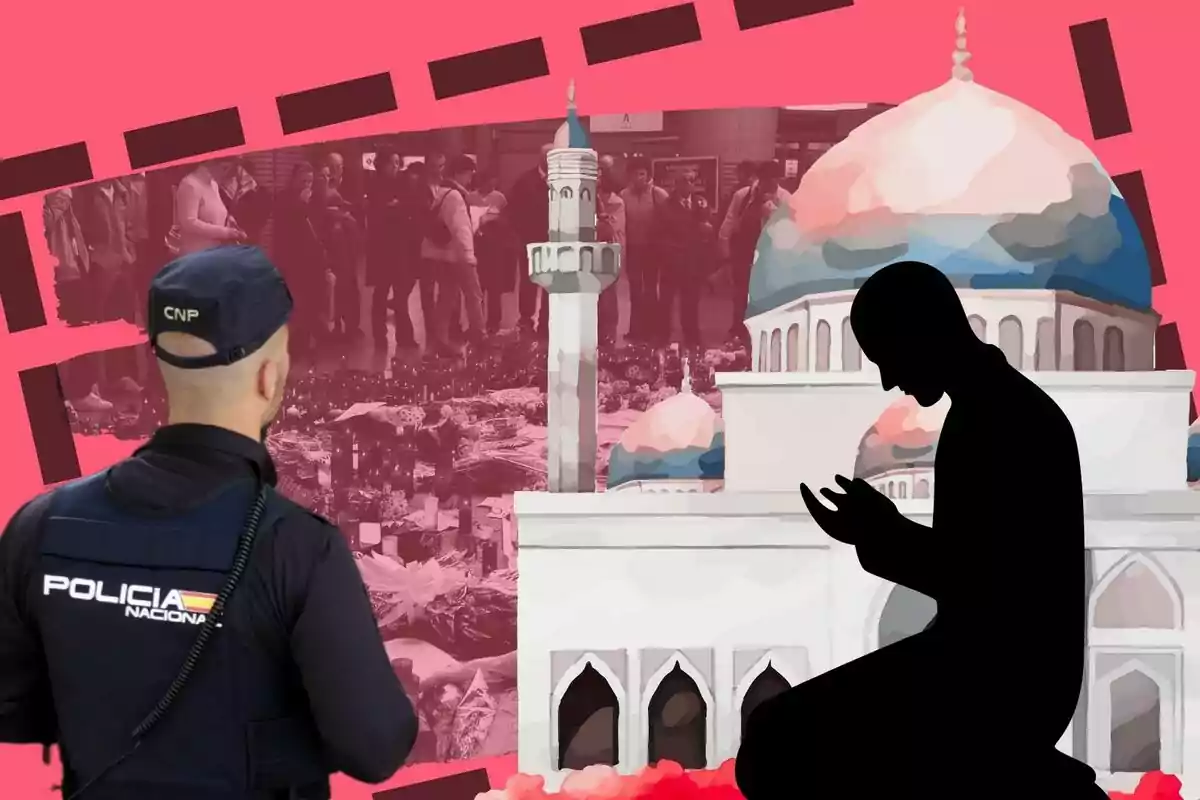 Un policía observa una escena que combina una mezquita y una silueta de una persona rezando con un fondo de personas reunidas.