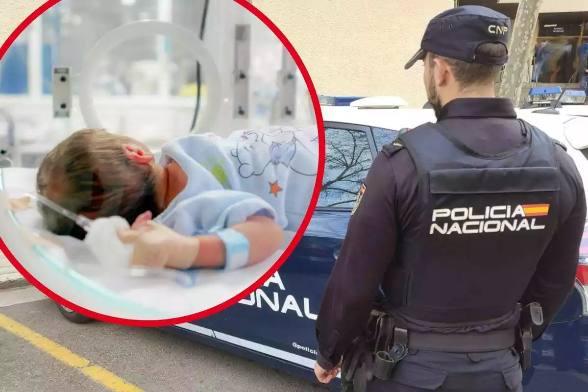 Montaje de fotos de un Policía Nacional de espaldas y, al lado, la imagen de un bebé hospitalizado
