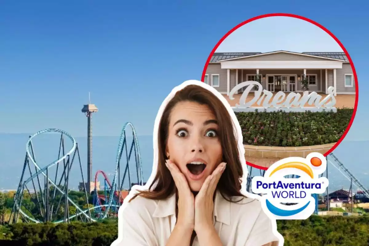 Montaje de fotos del parque de atracciones PortAventura y, al lado, su logo con una mujer con rostro de sorpresa