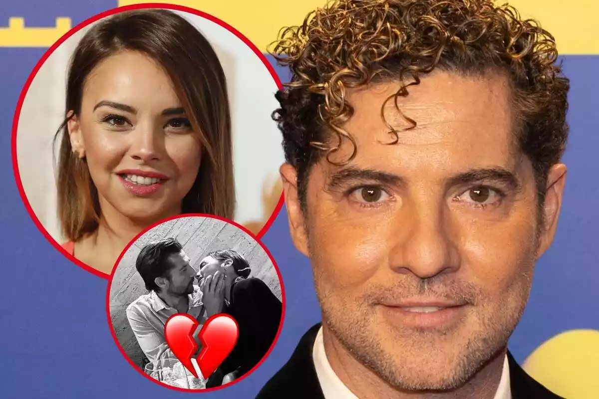 Montaje de fotos de primer plano de David Bisbal y, al lado, en el interior de dos circulitos, una imagen de Chenoa y otra imagen de ella con su expareja, Miguel Sánchez