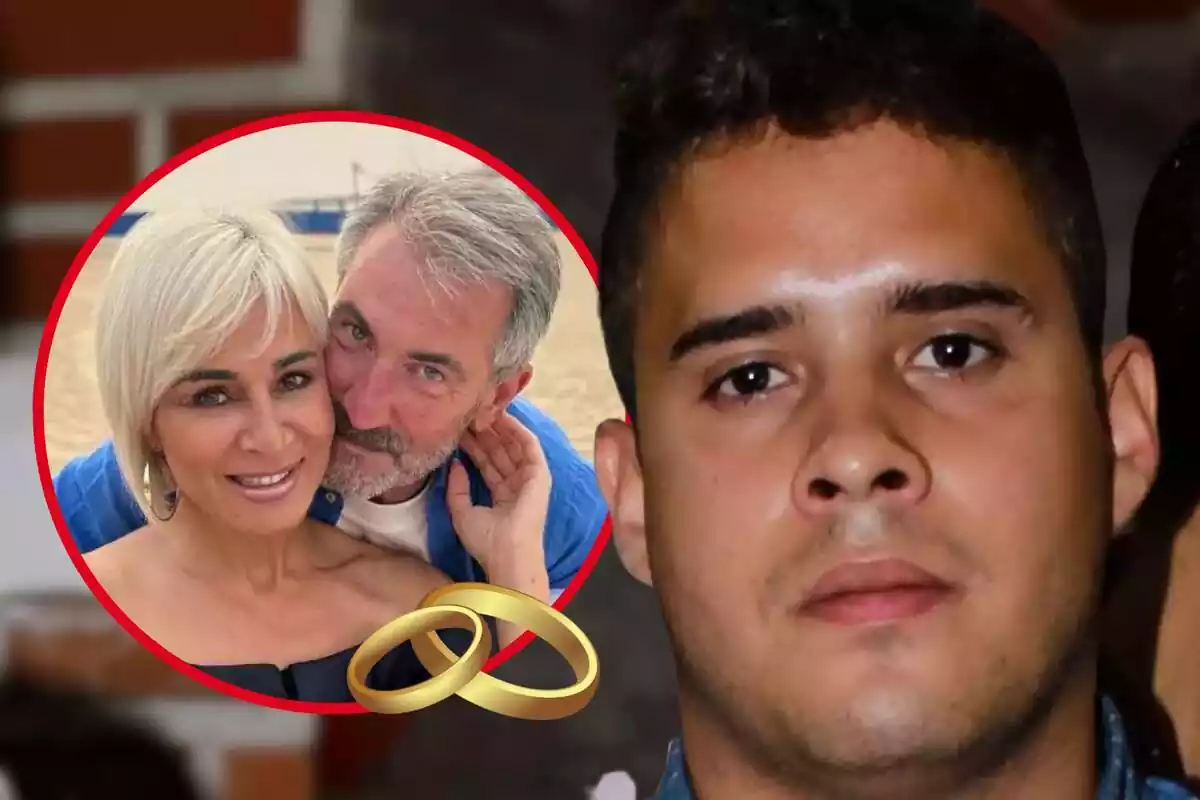 Montaje de fotos de primer plano de José Fernando Ortega con rostro serio y, al lado, una imagen de Ana María Aldón muy sonriente con su novio; enfrente, un emoji de unas alianzas de boda