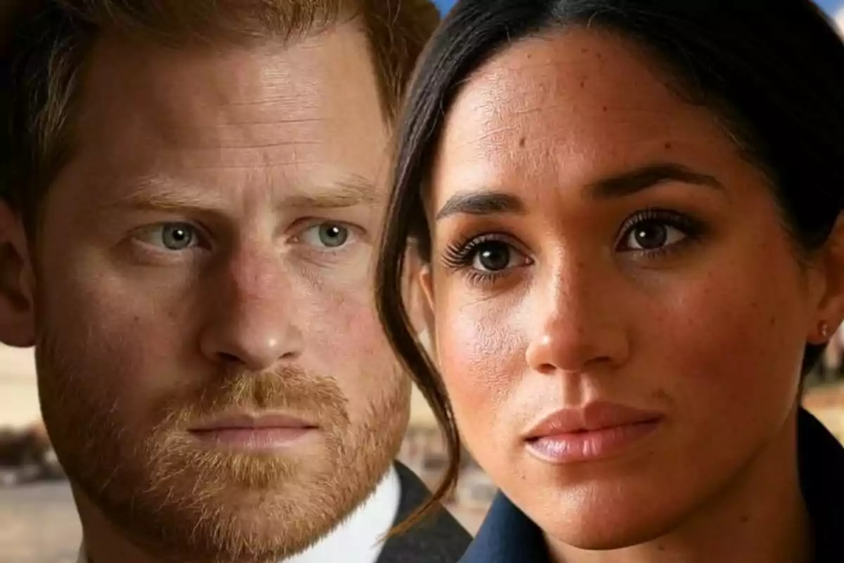Montaje de fotos de primer plano del príncipe Harry y Meghan Markle, ambos con expresiones serias.