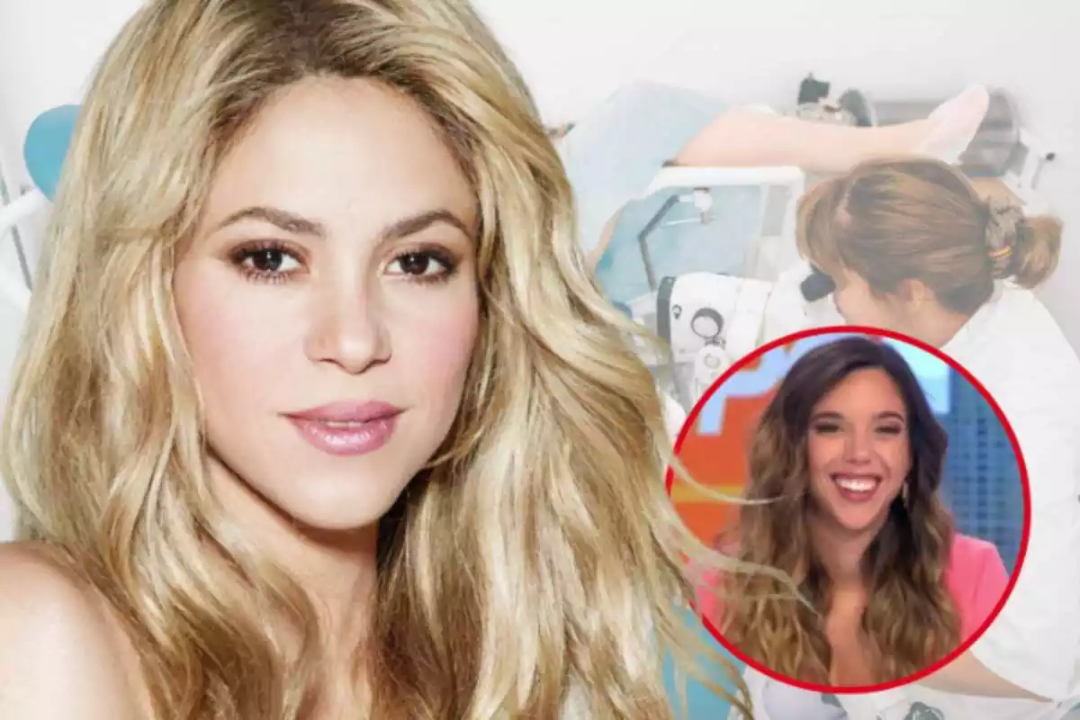 Montaje de fotos de primer plano de Shakira, con rostro serio, y al lado, una imagen de Tatiana Arús con rostro muy sonriente; de fondo, ambas tienen una imagen de una ginecóloga