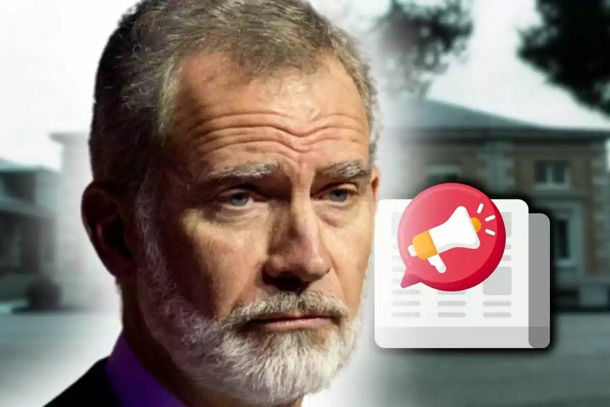 Primer plano del rey Felipe con barba y expresión seria aparece en primer plano con un icono de megáfono y fondo desenfocado.