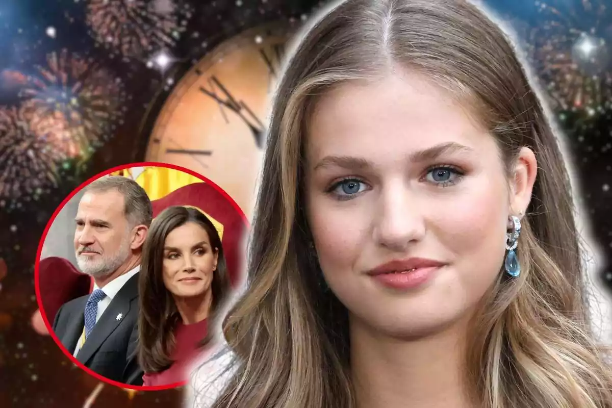 Montaje de fotos de primer plano de la princesa Leonor de Borbón, con rostro medio sonriente, y al lado, una imagen de sus padres el rey Felipe y la reina Letizia; todos tienen de fondo una imagen de un reloj de Nochevieja con fuegos artificiales