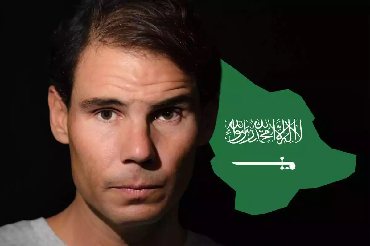 Montaje de fotos de primer plano de Rafa Nadal con rostro serio y, al lado, un emoji del territorio Arabia Saudí